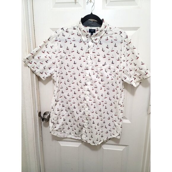 J.crew Men's Short Sleeve Button-Up Shirt With Sailboat Print - White Size L - Picture 1 of 12